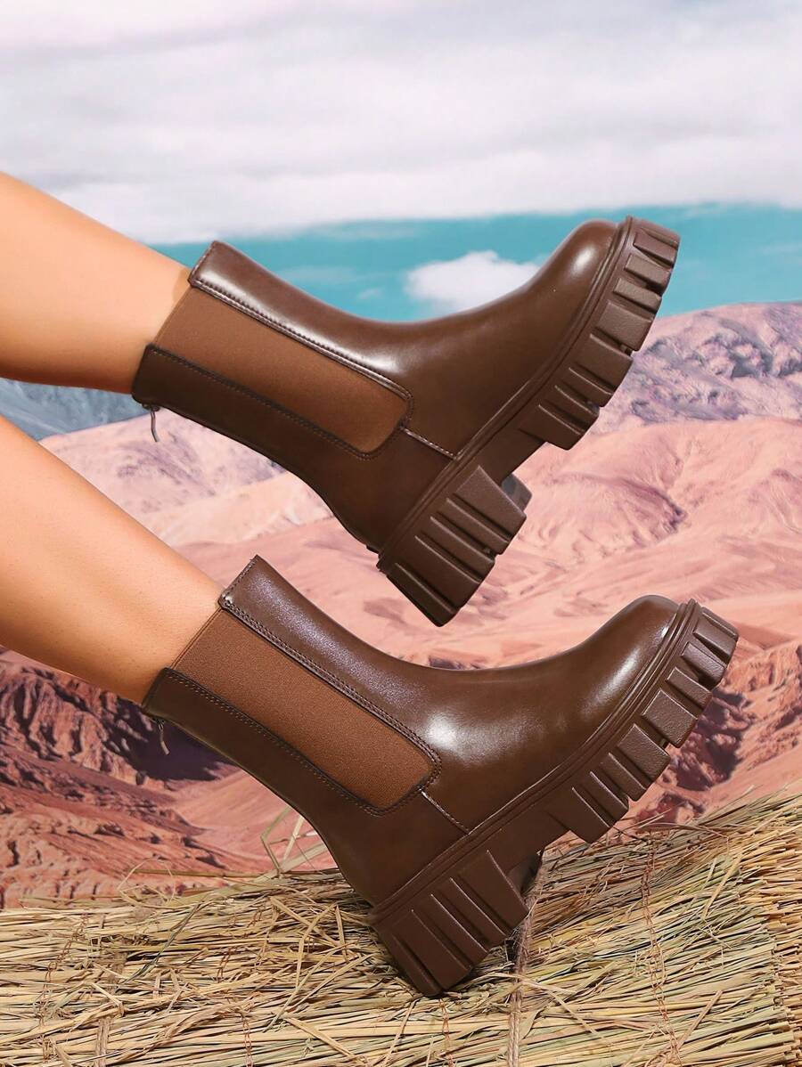 女士厚底后拉链踝靴，保暖圆头时尚短皮靴，秋冬季新款热门单品 - 棕色 - 查看 1