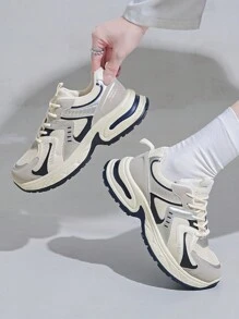 Women's Mesh Patchwork Round Toe Thick Sole Multi-Function Fashion Casual Sports Shoes, Rubber Outsole Non-Slip Lightweight Running Shoes, Color Block Sneakers, Comfortable Flat Spring/Autumn Korean Style Casual Shoes - Beige - View 4