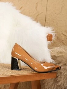 Plus Size Women's Pointed Toe Chunky Heeled Pumps, Fashion High Heels Casual Work Shoes, Spring Autumn, Rhinestone Decor, Size 46