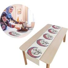 1pc Moon Pattern Ramadan White Linen Table Runner, Red/Blue, 33x91cm/33x183cm/33x275cm, Seasonal Kitchen Dining Table Decor, Home Fabric Decoration, Party Event Table Cloth