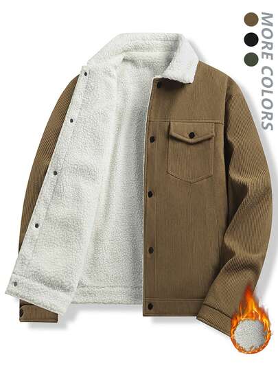 Thermal Lined Corduroy Jacket, Thick & Fashionable, Versatile And Simple Style, Warm Coat For Young Adults,Fleece,Winter