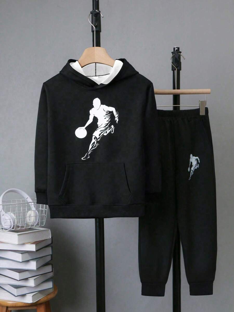 Bộ 2 quần áo hoodie in hình cầu thủ bóng rổ Tween Boy và quần thể thao trang phục thường ngày - màu đen - Xem 1
