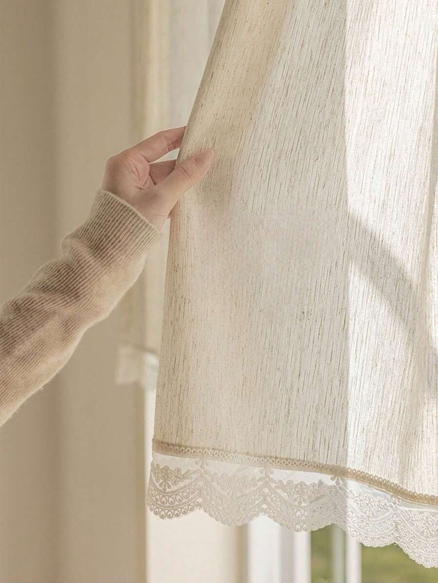 1pc Single Layer Linen Blend Lace Trim Sheer Window Curtain, Artistic Vibe, Provides Privacy, Suitable For Kitchen, Bathroom, Bedroom, Entry Door Decor And Room Divider