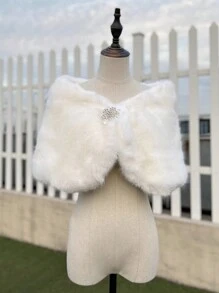 1pc Women's White Short Vintage Minimalist Shawl With Rhinestone Decor, Warm And Suitable For Party, Wedding Dresses, Autumn/Winter Warm Plush Shawl