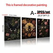 3 件现代深色花卉植物帆布墙画，非常适合客厅装饰木框，墙面艺术装饰客厅，厨房，家居装饰，房间装饰，植物西式家居装饰，房间旅行海报，墙面装饰，房间装饰美学，房间装饰用品