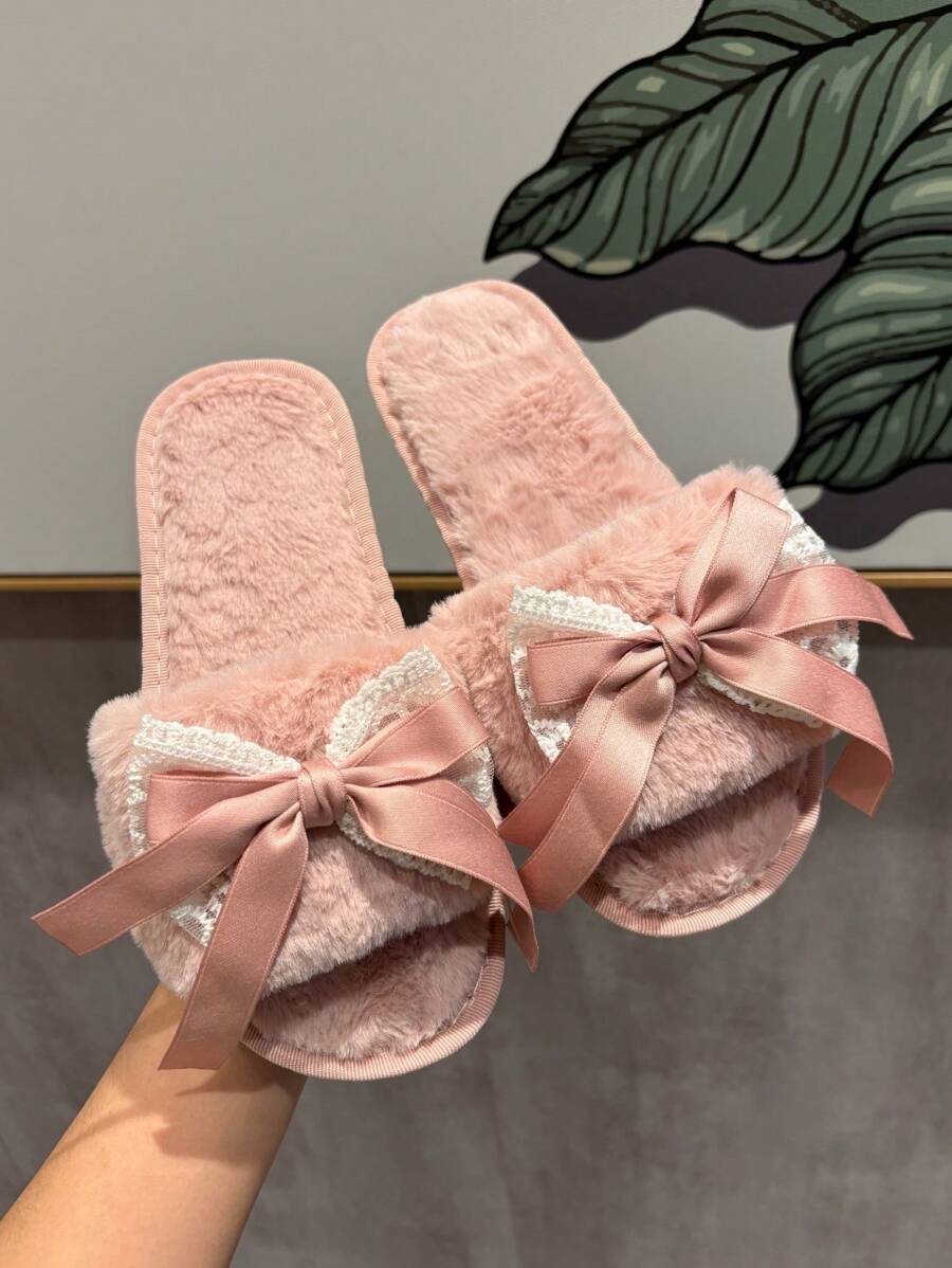 Women's Elegant Lace Satin Ribbon Bow Flat Fluffy Slip-On Slippers, Suitable For Valentine's Day, Home, Wedding, Pink - Baby Pink - View 1