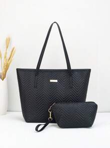 2 件绗缝波浪图案大容量手提包，几何复古单肩手提购物袋，女士手提包和零钱包