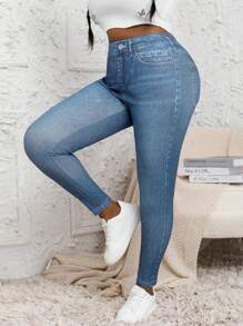 Plus Size Women Jegging Leggings, Full Body Denim Effect High Stretch Casual Comfortable Yoga Pants - Blue - View 5