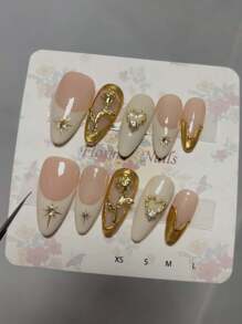 10Pcs Handmade Vintage Old Money Style Almond Color & White French Tip False Nail With Rose Pattern Rhinestones And Gold Trim, Suitable For Autumn/Winter, Everyday Wear, Travel, Holidays, And Business, Comes With Jelly Gel And Nail Buffers Press On Nails Nail Supplies Nails