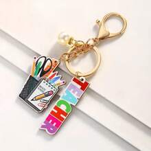 Set Of 5 Teacher Appreciation Keychains - Cartoon Themed Alloy And Wood Keychains With Tassel, Roundel And Lobster Clasp - Homecoming Decorative Keychains That Can Be Used As Backpack Accessories Or Gifts