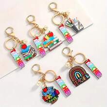 Set Of 5 Teacher Appreciation Keychains - Cartoon Themed Alloy And Wood Keychains With Tassel, Roundel And Lobster Clasp - Homecoming Decorative Keychains That Can Be Used As Backpack Accessories Or Gifts