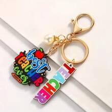 Set Of 5 Teacher Appreciation Keychains - Cartoon Themed Alloy And Wood Keychains With Tassel, Roundel And Lobster Clasp - Homecoming Decorative Keychains That Can Be Used As Backpack Accessories Or Gifts