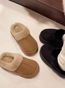 柔软毛绒衬里女士拖鞋 - 防滑软底冬季保暖舒适室内鞋，纯色，一脚蹬设计 - 卡其色 - 查看 5