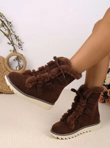 Women's Snow Boots With Fur Collar, Lace-Up, Lightweight Sole, Solid Color, Fashion, Anti-Slip, Thick Plush Lined, Ankle Boots For Autumn/Winter - Chocolate Brown - View 2