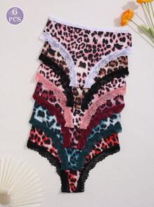6pcs Women's Leopard Print Contrast Lace Low-Waist Bikini Briefs