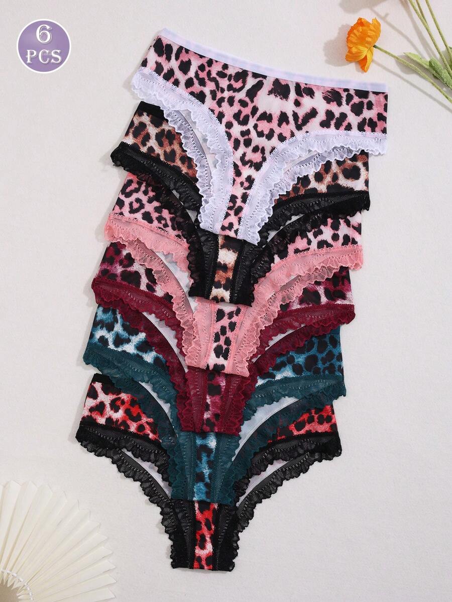 6pcs Women's Leopard Print Contrast Lace Low-Waist Bikini Briefs