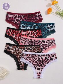 6pcs Women's Leopard Print Contrast Lace Low-Waist Bikini Briefs