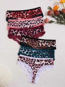 6pcs Women's Leopard Print Contrast Lace Low-Waist Bikini Briefs