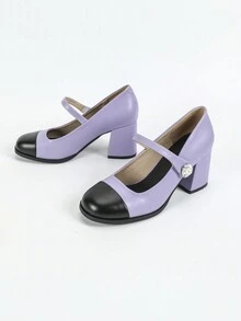 Giày cao gót Mary Jane cho nữ, Giày cao gót đế dày vừa phong cách Pháp, Hàng mới về mùa thu/đông - Màu tím - Xem 6