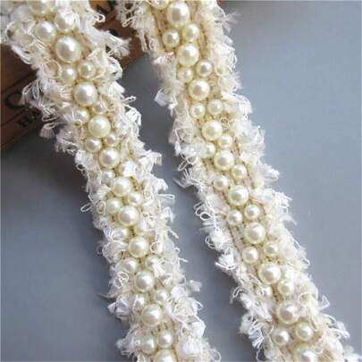 Pearl Lace Ribbon Frayed Edge 3 Cm Width Vintage Style Trimmings Fabric Embroidered Applique Sewing Craft Wedding Bridal Dress Embellishment Party Clothes Hat Decoration