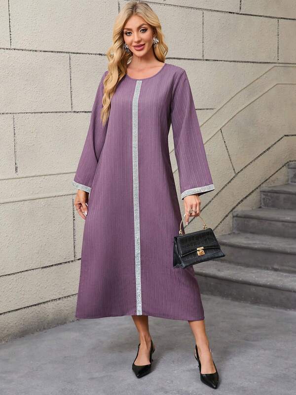 Women's Solid Color Patchwork Round Neck Flared Sleeve Long Sleeve Casual Dress, Loose Long Dresses,Tambal Sulam Pita Gemerlap Emas,Fashion Women's Casual Solid Color Loose Round Neck Long Robe Modest Long Sleeve Dress