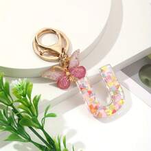 Cute 1 Neutral A-Z Colored Heart-Shaped Glitter KC Gold Keychain, DIY Resin Capital Letter Wallet Keychain, Handbag Decoration, Christmas Gift Valentines - 玫紅色蝴蝶 - 查看 35