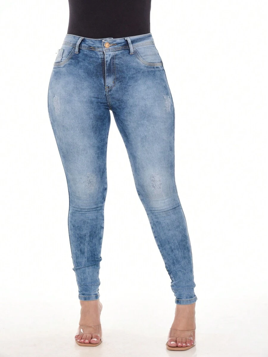 WOMEN'S HIGH WAIST LAVENDER BUTT JEANS - 深色水洗藍 - 查看 1