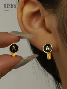 Hihho 1 对时尚字母环状耳环，个性化黑色油滴字母环状耳环，适合女士和女孩，金色，礼品配饰 - 金黃色 - 查看 4