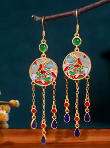 1 Pair New Chinese Style National Elements Earrings, 24k Gold-Plated Enamel Painting, Fashionable & Versatile Retro Vintage Earrings, Suitable For Daily Wear, Dates, Gatherings, Commuting, Parties, Dances. Elegant And Unique, Great Mother's Day, Teachers Day Gift, High-End Bohemian Fashion Jewelry