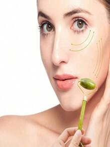 2 Pezzi Rullo di giada e raschietto Gua Sha per massaggio facciale, occhi, collo e corpo, per levigare linee sottili e rughe, giada naturale con colori leggermente diversi