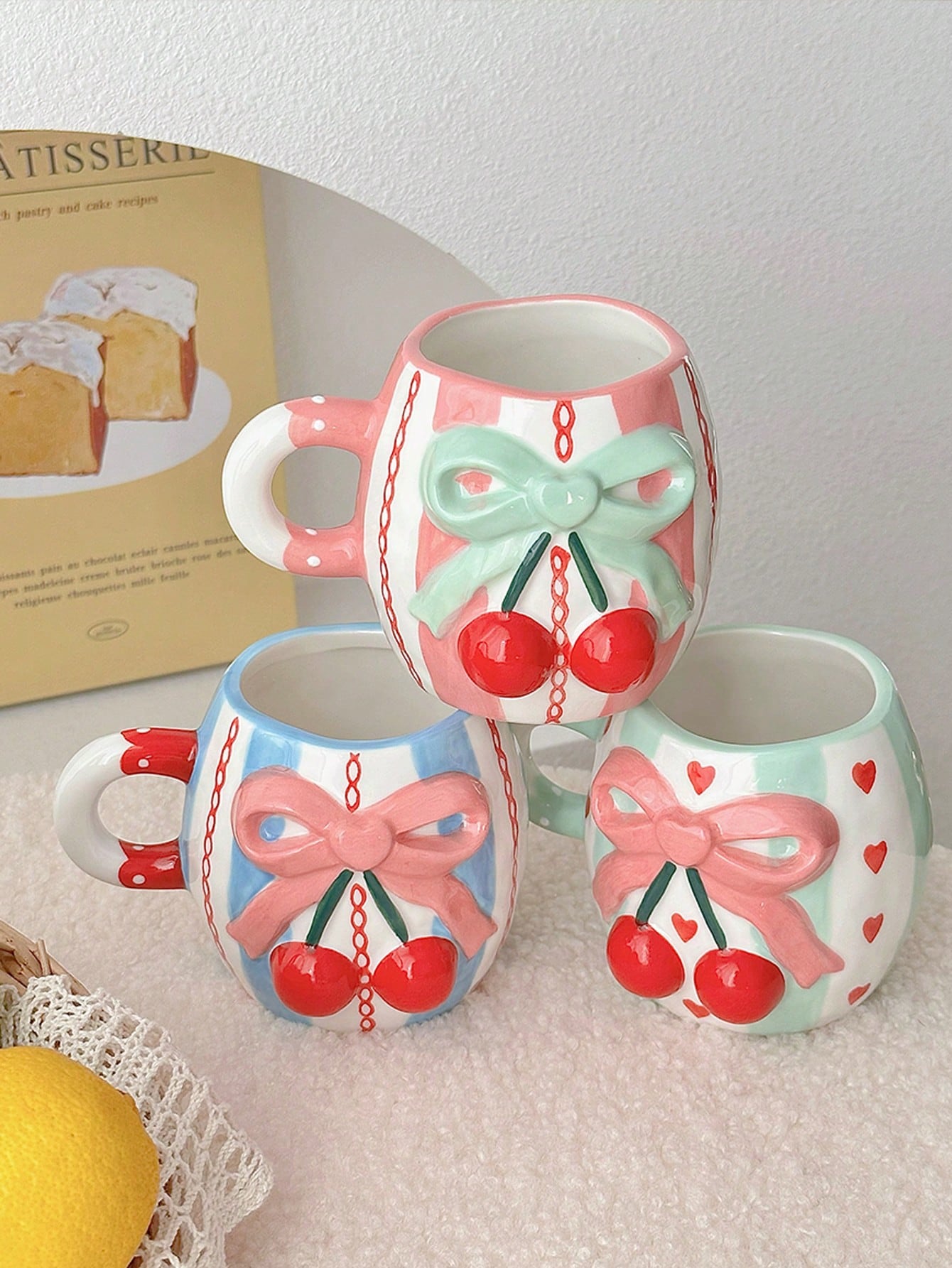 كوب سيراميك محلى بعقدة فراشة وزخرفة الكرز، كوب فتي...