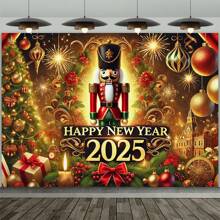 1 件优雅 2025 金色闪亮新年派对背景、胡桃夹子和烟花庆祝横幅装饰道具 - 金色 - 查看 1