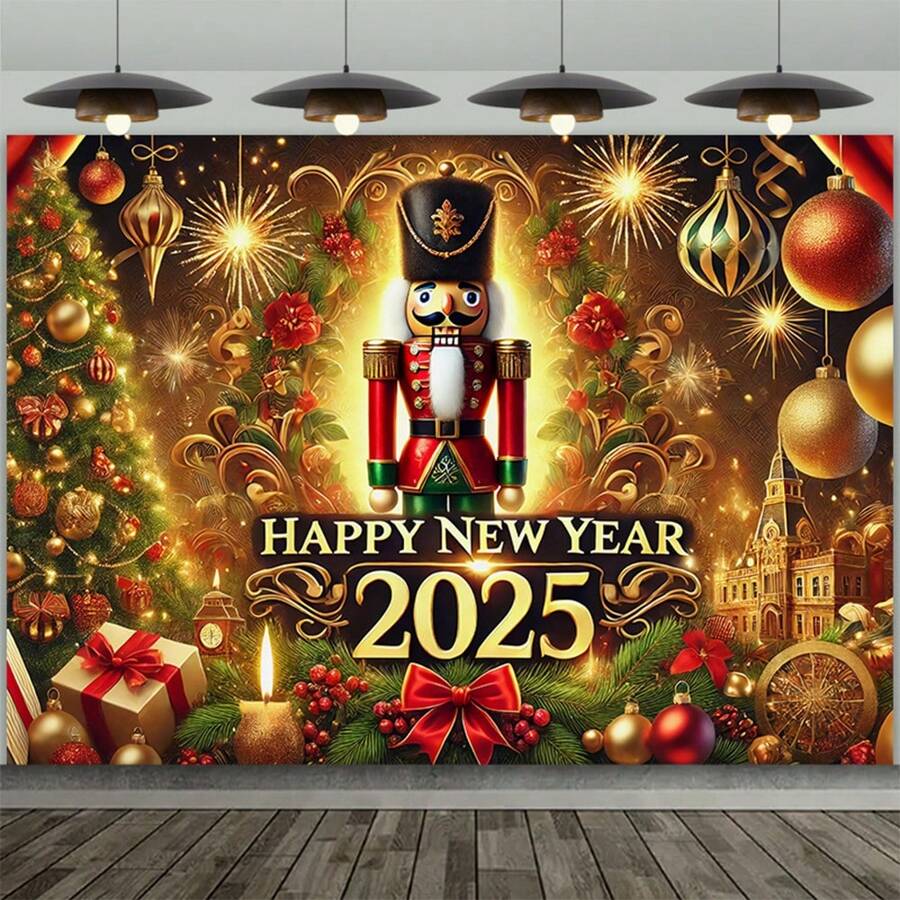 1 件优雅 2025 金色闪亮新年派对背景、胡桃夹子和烟花庆祝横幅装饰道具 - 金色 - 查看 1