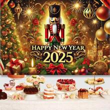 1 件优雅 2025 金色闪亮新年派对背景、胡桃夹子和烟花庆祝横幅装饰道具 - 金色 - 查看 3