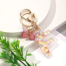 Cute 1 Neutral A-Z Colored Heart-Shaped Glitter KC Gold Keychain, DIY Resin Capital Letter Wallet Keychain, Handbag Decoration, Christmas Gift Valentines - 玫紅色蝴蝶 - 查看 24