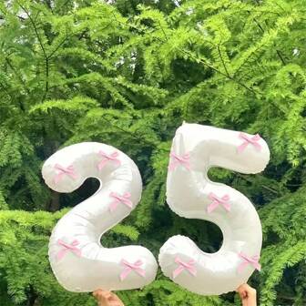 40inch Pink Bow Decor White Number Balloon, 1-30 White Number Foil Balloon With Pink Bow Decor, Suitable For Birthday Party, Anniversary, Wedding, Proposal, New Year Decoration