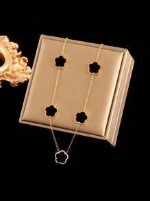 RAYQUEEN 1pc Stainless Steel Five-Petal Pendant Necklace, Versatile Fashion Jewelry For Daily Wear, Suitable As Gift - Yellow Gold - View 1