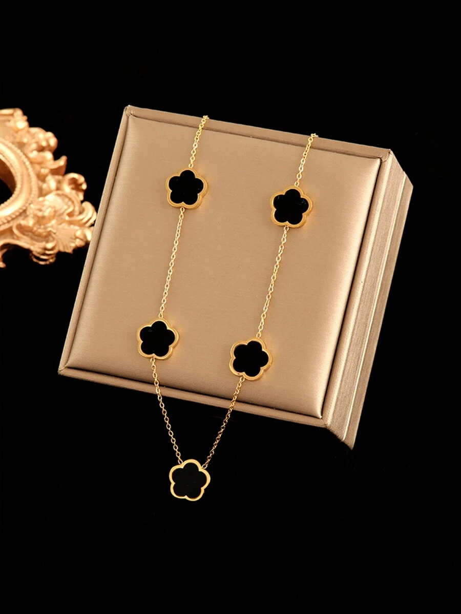 RAYQUEEN 1pc Stainless Steel Five-Petal Pendant Necklace, Versatile Fashion Jewelry For Daily Wear, Suitable As Gift - Yellow Gold - View 1