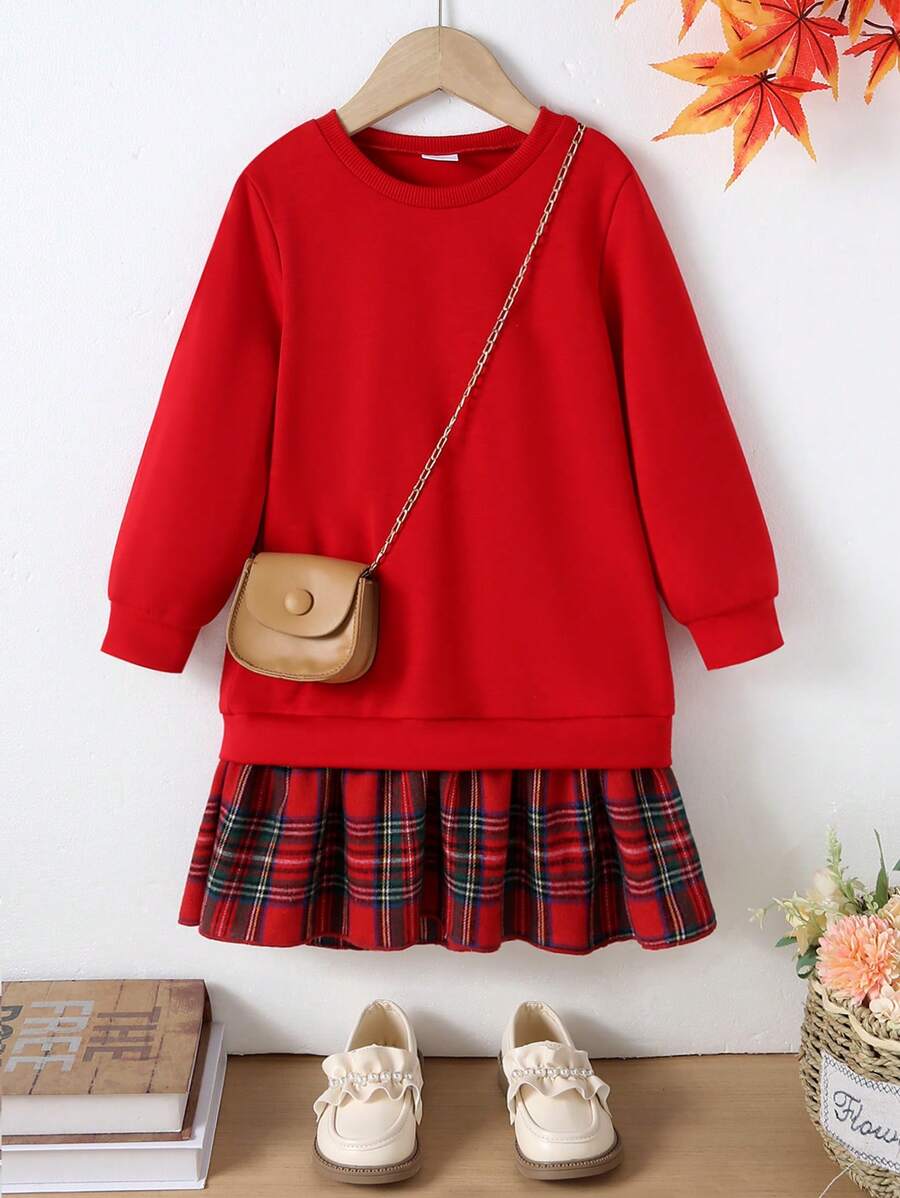 Gaun Kasual Lengan Panjang Warna Polos dengan Kerah Bulat dan Motif Kotak-kotak untuk Anak Perempuan, Musim Gugur/Dingin - Merah - View 1