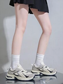 Women's Mesh Patchwork Round Toe Thick Sole Multi-Function Fashion Casual Sports Shoes, Rubber Outsole Non-Slip Lightweight Running Shoes, Color Block Sneakers, Comfortable Flat Spring/Autumn Korean Style Casual Shoes - Beige - View 7