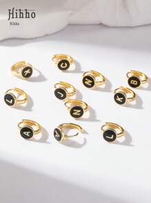 Hihho 1 对时尚字母环状耳环，个性化黑色油滴字母环状耳环，适合女士和女孩，金色，礼品配饰 - 金黃色 - 查看 1