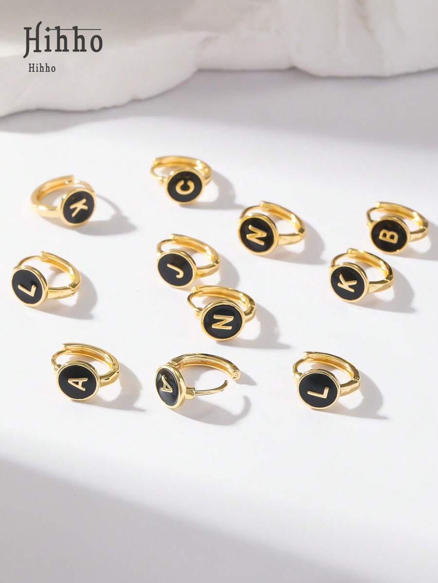 Hihho 1 对时尚字母环状耳环，个性化黑色油滴字母环状耳环，适合女士和女孩，金色，礼品配饰 - 金黃色 - 查看 1