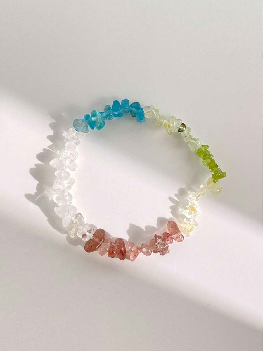1 Pc Fashionable And Colorful Natural Crystal Crushed Stone Bracelet, Including Strawberry Crystal, White Crystal, Apatite, Grape Stone, Peridot, Citrine, Suitable For Women's Daily Wear, Comes With A Gift Box And Jewelry Storage Bag