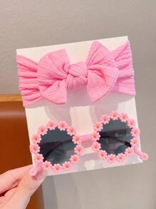 2/4pcs/Set New Girls Cute Solid Colors Bowknot Hairband Flower Frame Fashion Glasses Kids Hair Accessories Set,Card Only Show,Don't Shipping - Sunglasses+Headband - View 13