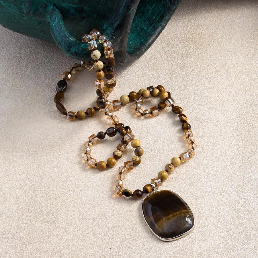 1 chiếc dây chuyền thời trang mới phong cách Bohemian dành cho nữ mùa thu/đông 6mm làm từ đá tự nhiên và thủy tinh, mặt dây chuyền bằng đá tự nhiên hình học