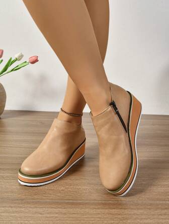 Women's New Round Toe Wedge Ankle Boots For Autumn And Winter, Versatile, European And American, Flat Bottom, Side Zipper Round Toe, Solid Color, Ideal For Clothing, Thick Sole, Wedge Heel, Sewing Thread, Comfortable, Casual, Daily, Non-Slip, Outdoor, Party, Fashion