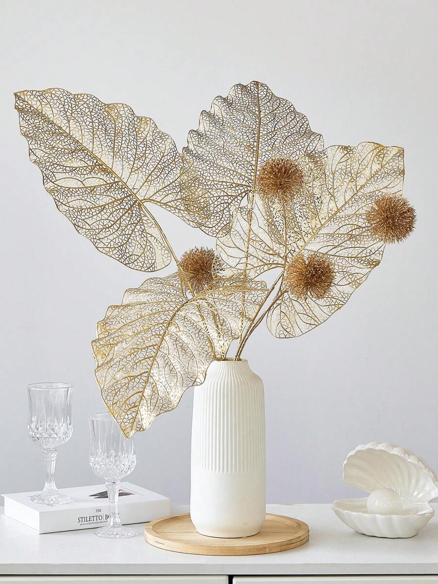 1 pieza Rama artificial de hojas doradas con brillo de 29.5" de altura, tallos de hojas doradas de plástico para decorar interiores y exteriores, hogar, jardín, fiestas, hoteles, bodas, arreglos florales, centros de mesa, regalos de San Valentín, cumpleaños, graduación, E-I-D - Dorado - Ver 1