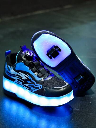 GUANGLAN 兒童 2 合 1 LED 發光輪滑鞋，USB 充電式 7 色發光鞋，夜光四季皮革輪滑鞋，親子兒童鞋，適合中大童男孩女孩小學生，跑步休閒運動鞋，附輪發光鞋，旋轉扣設計，7 色 16 種模式跑馬燈，酷炫夜光變色跑鞋