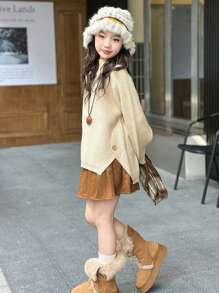 女童时尚纯色针织毛衣，适合幼儿和大女孩，秋冬季