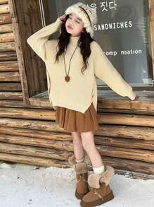 女童时尚纯色针织毛衣，适合幼儿和大女孩，秋冬季